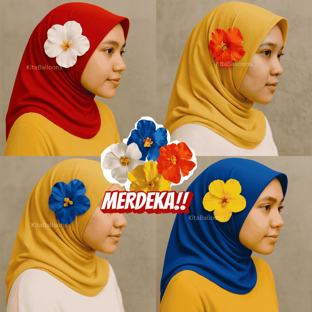 Bunga Raya Merdeka Sanggul Clip Pin Hiasan Hibiscus Hari Malaysia Jalur Gemilang Merah Kuning Biru Putih Artificial
